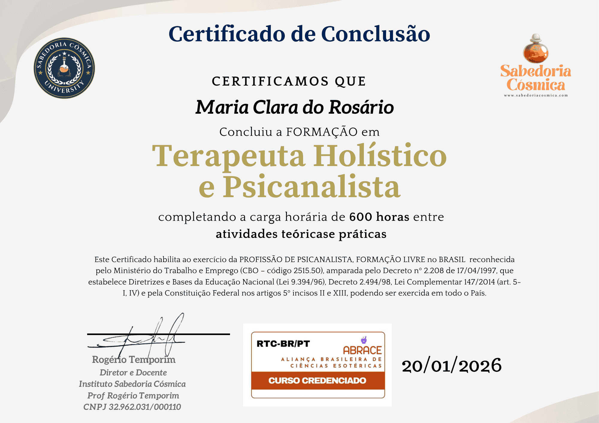 Certificado da Formação em Terapeuta Holístico e Psicanalista