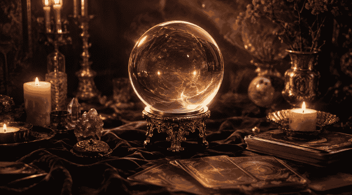 Bola de cristal em um ambiente místico iluminado por velas