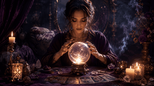 Mulher realizando uma leitura com bola de cristal em ambiente místico