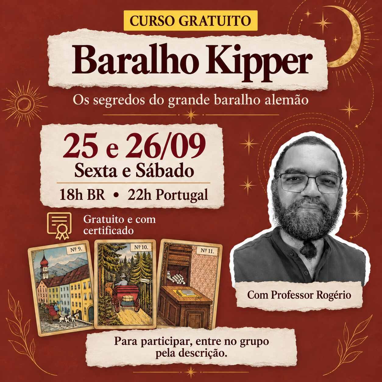 Cartaz do curso gratuito Baralho Kipper, com o Professor Rogério